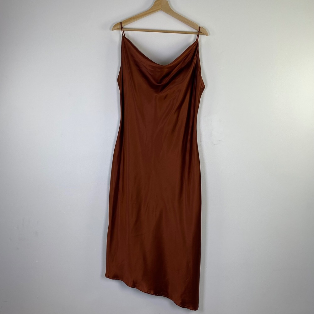 Petal & Pup Cypress Dress Satin Cowl Neck 12 Rust Asymmetric Hem Slip Dress